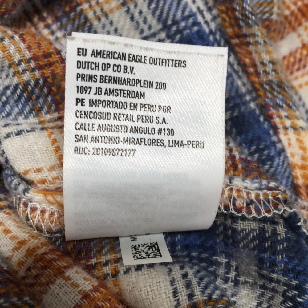 American Eagle Womens Flannel Shirt S Blue Orange Excellent Cropped Plaid Button - Picture 9 of 9